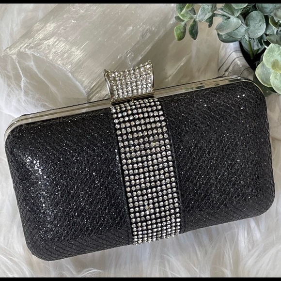 CRYSTAL ENCRUSTED EVENING BAG beaded EVENING BAG black w chain TIMELESS CLASSIC - Picture 7 of 10